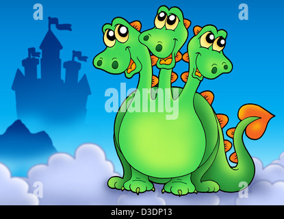 Trois vert dirigé sur sky dragon - illustration couleur. Banque D'Images