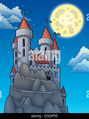 Nuit vue sur château sur rock - illustration couleur. Banque D'Images