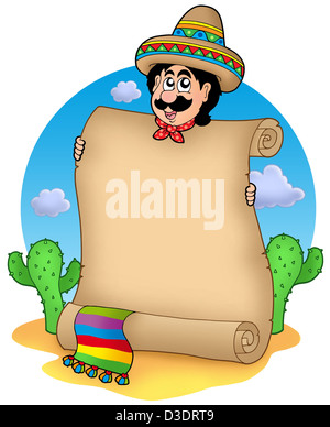 Faites défiler jusqu'à l'homme du Mexique en désert - illustration couleur. Banque D'Images