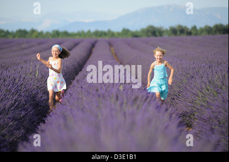 Deux jeunes filles s'exécutant en champ de lavande sur le Plateau de Valensole, Provence, Alpes de Haute Provence, France Banque D'Images