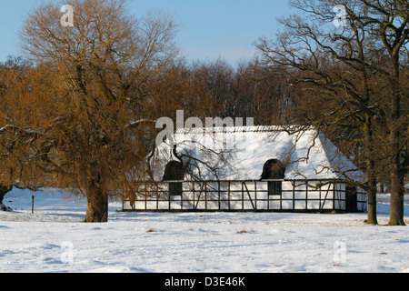Ancienne chaumière grange, écurie, bâtiment des services à proximité du Eremitageslot, le château de l'Hermitage, dans la neige, à Dyrehaven, hiver. Banque D'Images