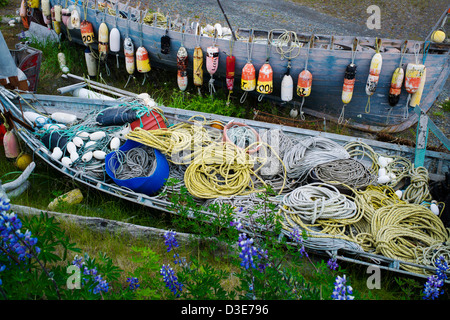 Virtuelle d'un musée de plein air de la pêche et le bateau gear ornent une propriété sur l'Homer Spit, Homer, Alaska, USA Banque D'Images