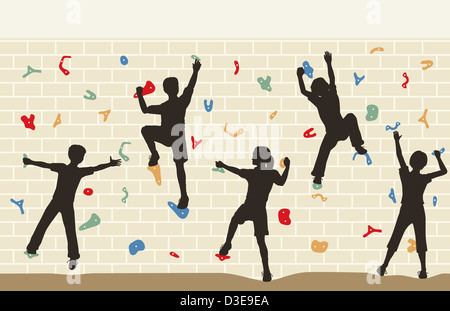 Illustration d'enfants silhouettes sur un mur d'escalade Banque D'Images