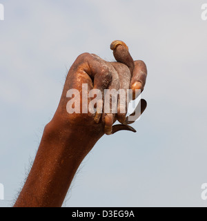 Naga Sadhu tenant son bras vers le haut, Maha Kumbh Mela, Allahabad, Inde Banque D'Images