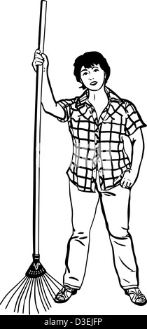 Croquis de femme d'agriculteur avec râteaux dans les mains Banque D'Images