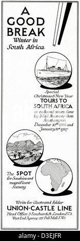 Vintage des années 1920 Publicité imprimée à partir de l'anglais country gentleman's newspaper advertising vacances d'hiver en Afrique du Sud par Union-Castle Line Banque D'Images