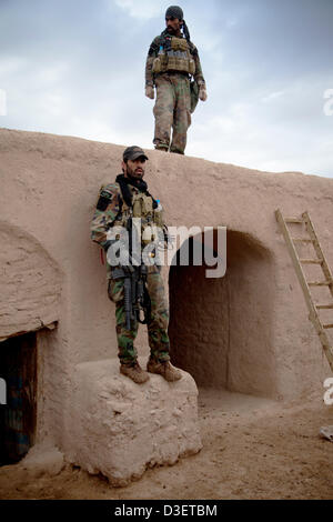 Les forces spéciales de l'Armée nationale afghane qui montent la garde au cours d'une patrouille de combat le 17 février 2013 dans la province de Herat, Afghanistan. Le président Barack Obama a annoncé au cours de l'état de l'Union européenne que la moitié de la force US en Afghanistan va se retirer au début de 2014. Banque D'Images