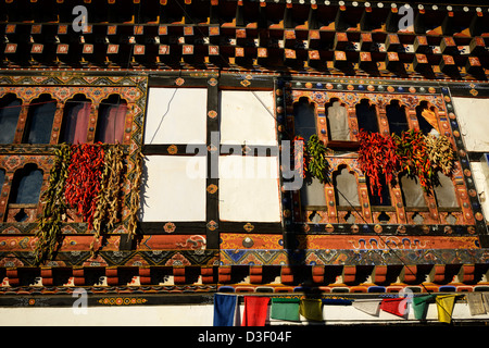 Les piments séchant au soleil, la pendaison de fenêtres décorées à Paro, Bhoutan, aliment préféré des Bhoutanais,36MPX,HI-RES Banque D'Images