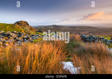 Vue de Rippon Tor vers The Haytor Rocks dans le Dartmoor National Park près de Widecombe dans la Lande, Devon, Angleterre, Royaume-Uni, Europe. Banque D'Images