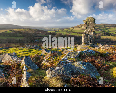 Le nez de Bowerman, une pile de granite sur Hayne vers le bas dans le Dartmoor National Park près de Manaton, Devon, Angleterre, Royaume-Uni, Europe. Banque D'Images