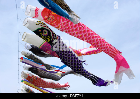 Carpe koinobori japonais coloré banderolles pour chaque membre de la famille vague de soleil contre un ciel bleu sur Boy's Day, le 5 mai. Banque D'Images