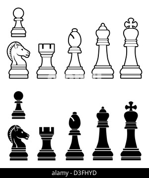 Une illustration d'un jeu complet de pièces d'échecs en noir et blanc Banque D'Images