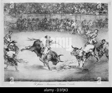 (Afp) - La photo montre un litograph de la scène 'El famoso Americano, Mariano : MM. Ceballo' (la célèbre American Mariano : MM. Ceballo) par Francisco de Goya, représenté à la Tauromaquia (l'art de la corrida) exposition à la Kunsthalle (art hall) à Hambourg, 10 juillet 2003. L'ambitieuse série corrida de Goya, "La Tauromaquia', était composé initialement de trente trois gravures exécutées avec plats typiques Banque D'Images