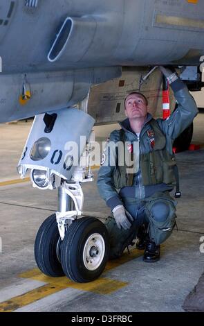 (Afp) - Un pilote vérifie le train d'un fantôme Mc Donnell Douglas F-4F Phantom II à la base aérienne de l'escadron de chasse 74 oelders «' à Neuburg, Allemagne, 5 février 2003. L'escadron de chasse a reçu le nom Moelders le 22 novembre 1973 qui a été le 32e anniversaire de la mort du Colonel Werner Moelders. Le Squadron 74 est l'un des quatre escadrons plus 'Richthofen', Banque D'Images