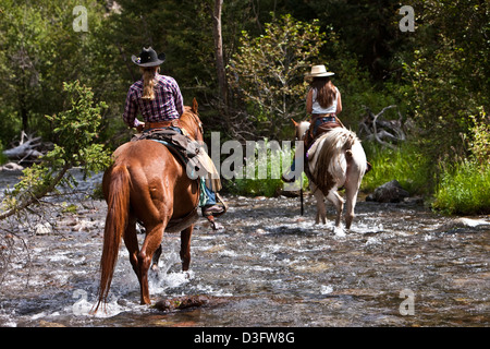 Cowgirls équitation à cheval à travers la rivière à Big Creek, Montana, USA Banque D'Images
