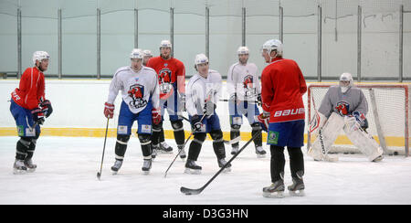 Les joueurs au cours de la séance de formation de l'équipe de la Ligue de hockey évoluant Lev Prague avant le match play off avec le CSKA Moscou, Prague, République tchèque, le 19 février 2013. (CTK Photo/Vit Simanek) Banque D'Images