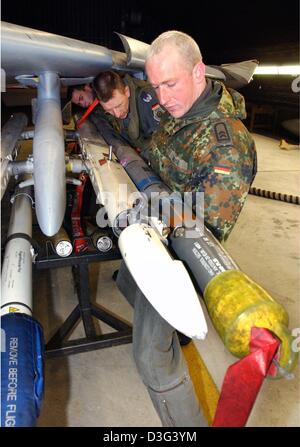 (Afp) - Trois membres de l'équipe de maintenance un bras fantôme Mc Donnell Douglas F-4F Phantom II à la base aérienne de l'escadron de chasse 74 oelders «' à Neuburg, Allemagne, 5 février 2003. L'escadron de chasse a reçu le nom Moelders le 22 novembre 1973 qui a été le 32e anniversaire de la mort du Colonel Werner Moelders. Le Squadron 74 est l'un des quatre escadrons plus Richtho « Banque D'Images