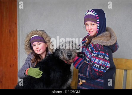 Enfants Enfants Filles avec lévrier irlandais en Irlande. Banque D'Images