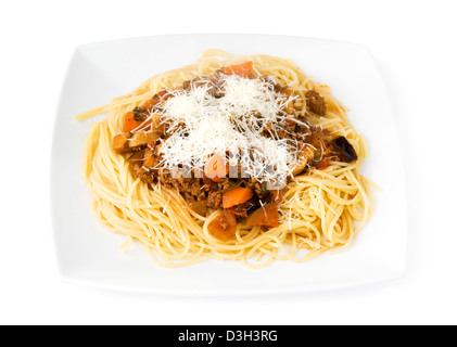 Maison de plaque Spaghett avec Bolognaise parmesan fraîchement râpé Banque D'Images