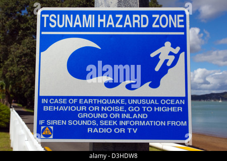 Zone de danger Tsunami Signe, Bay of Islands, Nouvelle-Zélande, Vendredi, Février 08, 2013. Banque D'Images