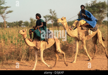 Les hommes Tuareg en robes traditionnelles qui empatent leurs chameaux vers un marché du bétail, Gorom Gorom, Burkina Faso Banque D'Images