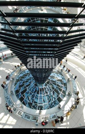 (Afp) - Les visiteurs à pied sous le grand dôme en verre du Reichstag allemand à Berlin, Allemagne, 15 avril 2004. Il y a cinq ans, le 19 avril 1999, l'ancien bâtiment du Reichstag a été rouvert en tant que le nouveau Bundestag (Parlement allemand) après une rénovation de 307 millions d'euros et huit ans après le gouvernement allemand avait décidé de déménager de l'ancienne capitale de Bonn à Berlin. Depuis, Banque D'Images