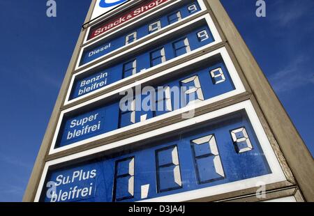 (Afp) - une vue sur le prix conseil d'une station de remplissage à Munich, Allemagne, 31 mars 2004. Le prix du pétrole en Allemagne atteint un nouveau tous les ans. Selon les informations du service d'information sur l'énergie à Hambourg EID le prix moyen pour l'Eurosuper a grimpé à 1,14 euros de carburant par litre, tandis que les coûts de carburant diesel 0,92 euros par litre en moyenne. Banque D'Images