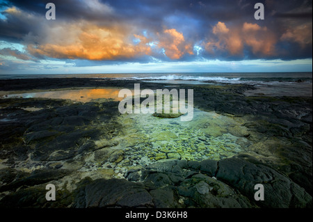 Des flaques et le lever du soleil sur la côte Kohala. La Big Island, Hawaii. Banque D'Images