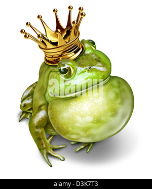 Le prince grenouille avec couronne d'or et une gorge gonflée représentant le concept de conte de fées de la communication modifier Banque D'Images