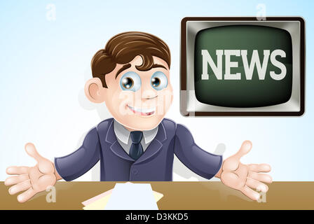 Une illustration d'une caricature television news anchor man presenting la TV news Banque D'Images