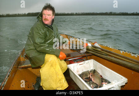 (Afp) - Gerhard Steinling pêcheur est assis à la proue de son bateau de pêche avec ses poissons capturés dans une boîte comme il se déplace à travers le Rhin en Allemagne, 09 août 2005. Photo : Horst Ossinger Banque D'Images