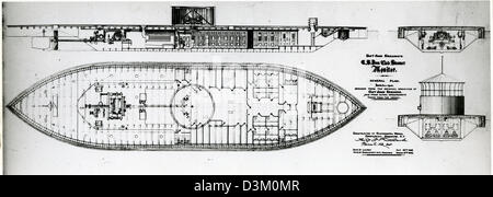 Photographie non datée montrant un schéma du navire de l'ironclad USS Monitor. Le moniteur intégré de Brooklyn, a fait de l'histoire nautique après avoir été conçus et assemblés en 118 jours, et a ensuite commandé, le 25 février 1862. Surveiller ont participé à la première bataille entre deux cuirassés lors d'un engagement contre la marine confédérée ironclad CSS Virginia à la bataille de Hampton Roads, le 9 mars 1862. La bataille a marqué la première fois les navires blindés de fer dans la guerre navale et a marqué la fin de l'ère des navires en bois. Banque D'Images