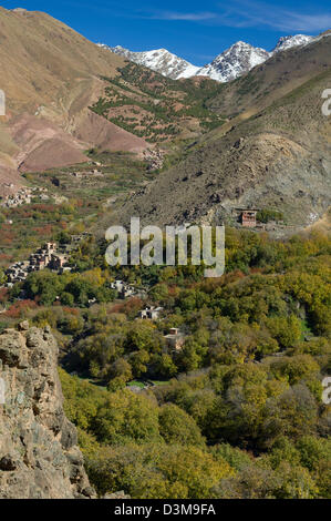 Vallée boisée menant au village Aremd, avec des montagnes enneigées derrière, près de l'Imlil, Maroc Banque D'Images