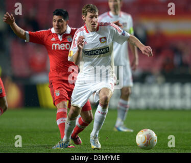 Le Benfica Enzo Perez et Stefan Kiessling (R) de Leverkusen rivalisent pour la balle au cours de l'UEFA Europa League round de 32 deuxième étape entre football match Benfica Lisbonne et le Bayer Leverkusen à l'Estadio da Luz à Lisbonne, Portugal, le 21 février 2013. Photo : Federico Gambarini/dpa  + + +(c) afp - Bildfunk + + + Banque D'Images