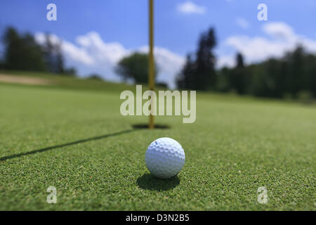 Balle de golf sur le green, Close up Banque D'Images