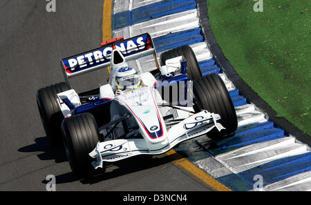 Pilote de Formule 1 Allemand Nick Heidfeld pour la BMW Sauber F1 Racing Team en action pendant la séance de qualification à l'Albert Park Circuit street à Melbourne, Australie, le samedi 01 avril 2006. Heidfeld a réussi le 8e meilleur temps. L'Australian Grand Prix de Formule 1 a lieu ici le dimanche 02 avril. Photo : Rainer Jensen Banque D'Images