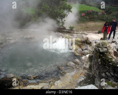 (Afp) - l'image montre une source d'eau chaude bouillonnantes avec des vapeurs de soufre dans la vallée de Furnas sur l'île de São Miguel, Açores, Portugal, 04 avril 2005. Photo : Juergen Darmstaedter Banque D'Images