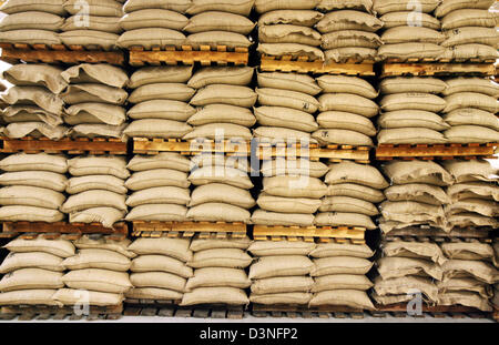 La photo montre des sacs remplis de café vert dans le groupe Neumann Kaffee café cru centre à Hamburg-Wilhelmsburg, Allemagne, le mardi 14 février 2006. Près de 300 000 tonnes de café sont produits chaque année dans le monde le café cru le plus avancé au centre. Le Groupe Neumann Kaffee fonctionne pour tous les producteurs de café allemand et offre des services de l'entreposage à la purification et la compo Banque D'Images