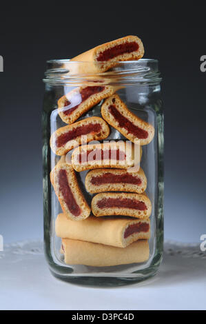 Libre d'un bocal en verre plein de fruits bar cookies. Format vertical sur une lumière sur fond gris foncé. Banque D'Images