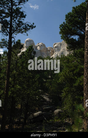 Vue du ciel bleu, grâce à l'abattage d'arbres de pin rocky, les présidents américains, le Mont Rushmore Monument, Black Hills, Dakota du Sud, USA Banque D'Images