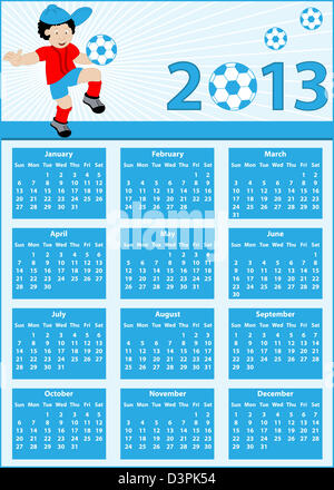 Calendrier 2013 avec un thème de soccer. Joueur de football enfant personnage rebondir son ballon sur son genou. Illustration Banque D'Images