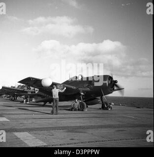 Le Grumman F6F-5N Hellcat, utilisé par l'US Navy, était un avion de chasse à porte-avions déployé pendant la seconde Guerre mondiale pour des missions de combat de nuit et de supériorité aérienne. Banque D'Images
