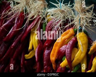 Rista frais exposés au marché agricole local. La légende l'a, dans le sud-ouest, que la pendaison chili ristras porte bonheur si accroché à l'entrée de la maison. Banque D'Images