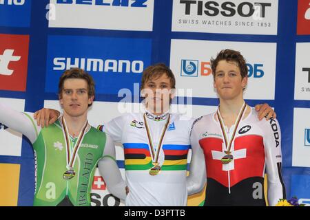 Minsk, Belarus. 22 février 2013. Martyn Irvine Podium Michael Hepburn IRL hors Kueng SUI Stefan au Championnat du Monde 'vélo' kilomètre championnats, Minsk, Biélorussie. Banque D'Images