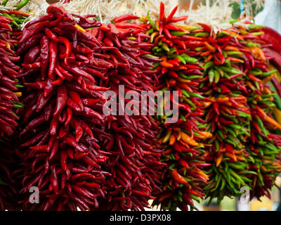 Rista frais exposés au marché agricole local. La légende l'a, dans le sud-ouest, que la pendaison chili ristras porte bonheur si accroché à l'entrée de la maison. Banque D'Images