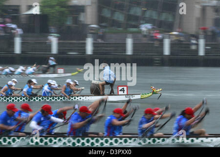 Sydney, Australie. 23 février 2013. Les participants sont en concurrence sur le Dragon Boat Race 2013 sous les conditions climatiques extrêmes le 23 février 2013 à Cockle Bay, Darling Harbour, Sydney, Australie. Dragon Boat Race 2013 est une partie de célébrer le Nouvel An chinois. (Crédit Image : Crédit : Sijori Images/ZUMAPRESS.com/Alamy Live News) Banque D'Images