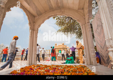 Les dévots dans un temple, le Golden Temple, Amritsar, Punjab, India Banque D'Images