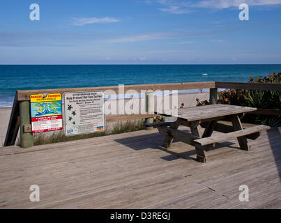 Table pour vous avec les tortues de mer et courant d'arrachement en garde sur une plage de Floride Banque D'Images