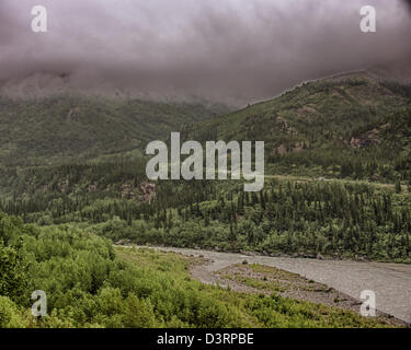 26 juin 2012 - L'Arrondissement de Denali, Alaska, États-Unis - brouillard et les nuages bas gerbe les sommets des montagnes de la chaîne de l'Alaska comme ils s'élever au-dessus de la rivière Nenana, au sud de Healy, formant la limite est du parc national de Denali. (Crédit Image : © Arnold Drapkin/ZUMAPRESS.com) Banque D'Images