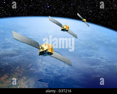 Satellites spatiaux en orbite autour de la planète Terre. Concept de communication et de technologie globale. Illustration Photoshop faite à la main, pas de contenu généré par IA. Banque D'Images